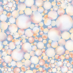 Soap bubbles seamless pattern on light blue background for kids nuscery nautical designs, textiles and fabrics. Hand drawn illustration, underwater air bubbles