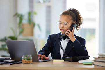 Kids, telephone and a girl playing in an office as a fantasy businesswoman at work on a laptop....