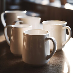 Close-up of white mugs of coffee in a cafe