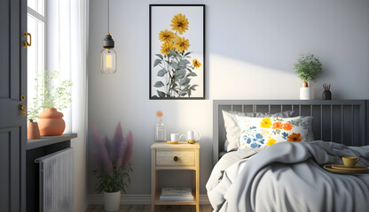 Bright and natural room interior with single bed and wooden nightstand with flowers, generative ai
