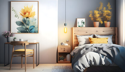 Bright and natural room interior with single bed and wooden nightstand with flowers, generative ai