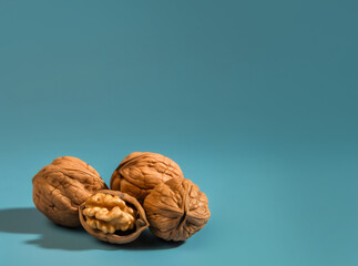 walnuts isolated on blue studio background with copy space, made with generative ai