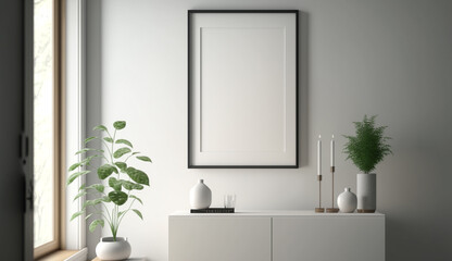 Fototapeta na wymiar Black picture frame mock-up in modern minimalistic Scandinavian interior. White walls. House plants. Mockup concept.