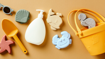 Baby shampoo bottle or sunscreen lotion and sand molds on pastel beige background