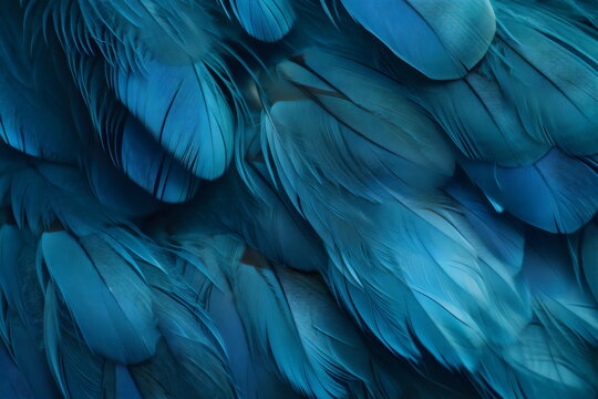 close up photo of blue green feathers as background texture, made with generative ai