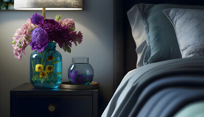 Purple flowers in blue glass vase on stylish bedside table next to king size bed, generative ai
