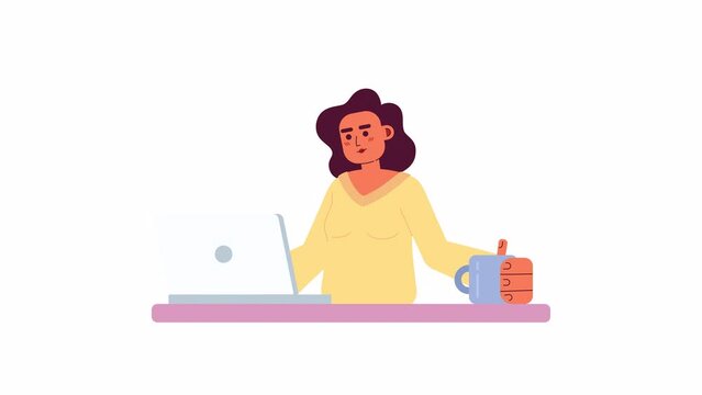 Animated lady with laptop. Female freelance programmer with cup. Flat character animation on white background with alpha channel transparency. Color cartoon style 4K video footage for web design