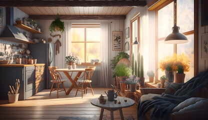 Interior design concept art, warm and bright homey home in modern nordic style. Realistic, 4K, unreal engine, generative ai