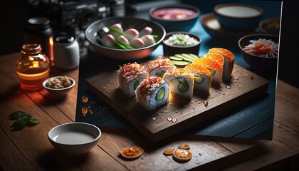 Indulgent Sushi Delight with a Luscious Feast of Colorful Rolls, Generously Topped with Fresh Fish and Veggies Generated by AI