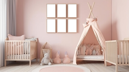 Mock up frame in a baby room for twins girl with furnishings made of natural, Generative Ai