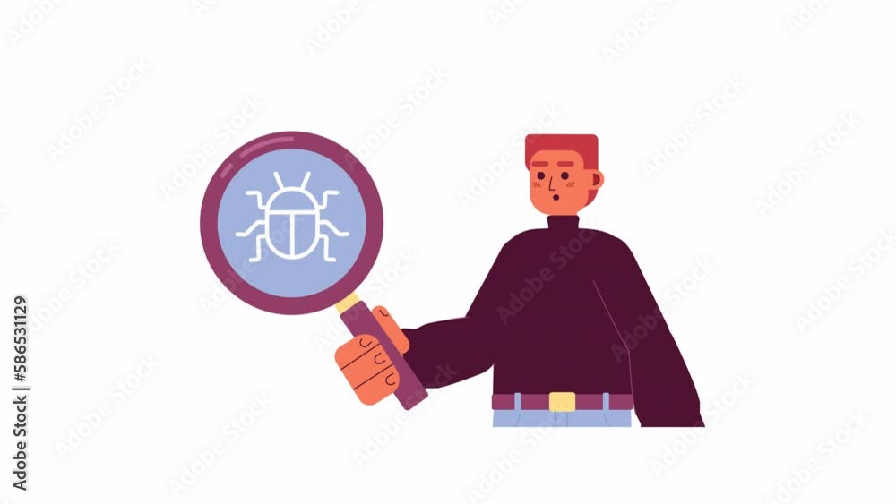 Poster animated bug tester. man with magnifying glass. finding mistakes in software. 2d cartoon flat charac