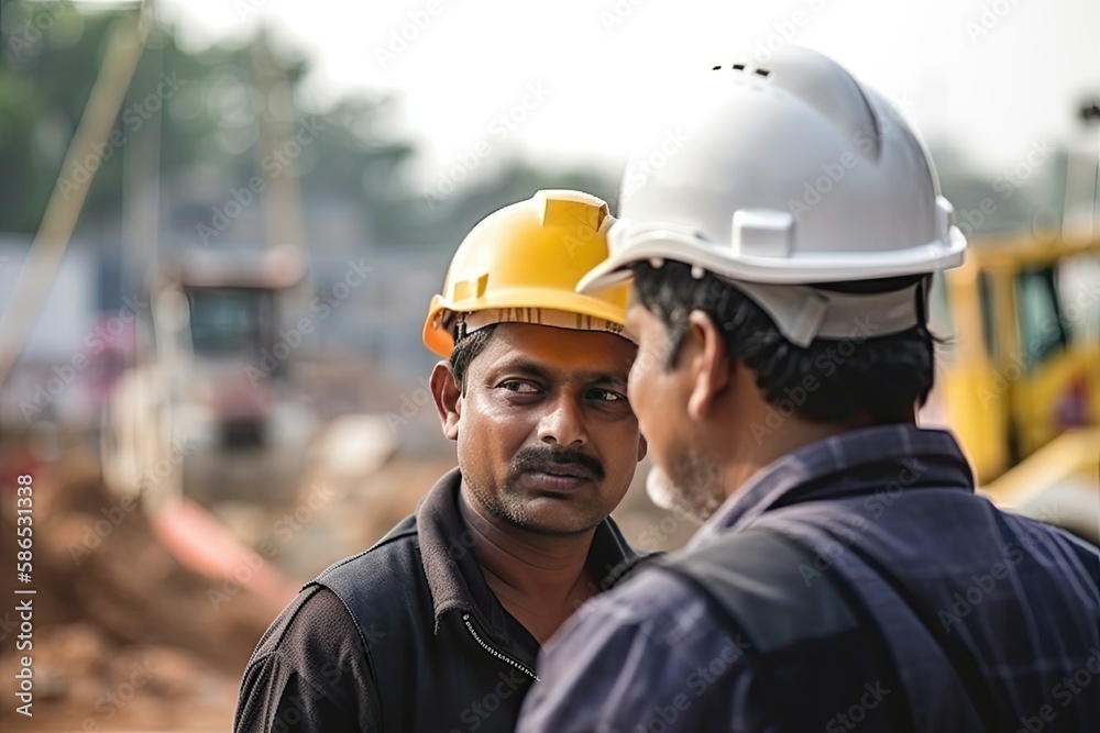 Wall mural indian architects discussing at the construction site, generative ai