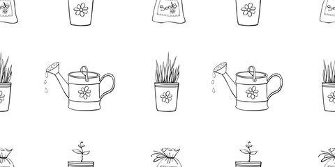Vector seamless pattern with watering cans, bag of seeds, pots with plant sprout, seedlings. Cute outline texture in doodle style on topic of planting, growing and caring for plants for home, garden