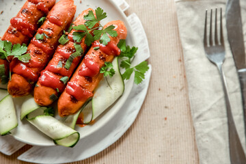 chicken or pork sausages served for meal, bbq or grilled. High quality photo