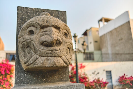 Chavin de Huantar, Peru. shows the nailed head, representation carved in stone, pre incan culture