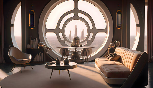 Realistic interior photograph from inside of star wars cloud city apartment, generative ai