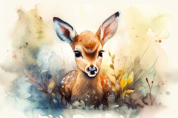Generative AI illustration. Cute watercolor baby deer on a light background.