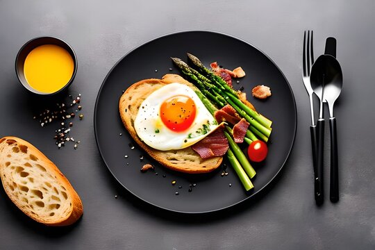 Breakfast or lunch with Fried egg, bread toast, green asparagus, tomatoes and bacon on black plate. Top view. Copy space. Banner.