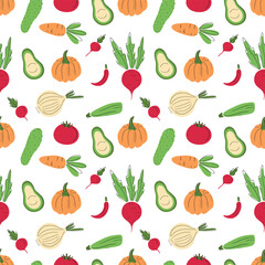 Seamless pattern with fresh vegetables pumpkin, carrot, avocado, beet, onion, courgette, radish, cucucmber, tomato on white background. Hand drawn vector flat cartoon illustration, cooking.