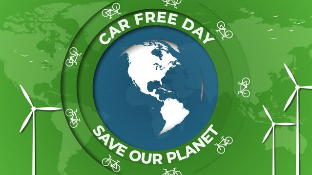 Car free day. Graphic animation with the planet Earth rotating. Bicycle and windmill icons on a green background with a world map. Looped video. Save our planet.