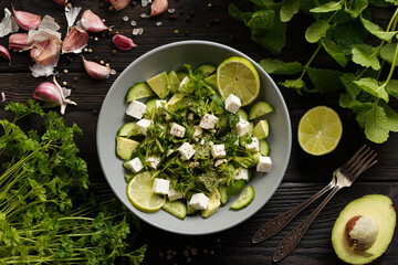 Ketogenic diet green salad with cucumbers, avocado, feta cheese and lime dressing.
