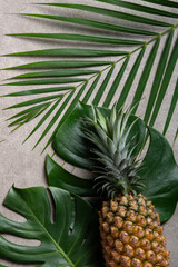 Fresh pineapple with tropical leaves on gray background.