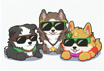 Fototapeta premium Three stylish dogs in clothes and sunglasses pose on stage, painted picture with paints. AI Generated