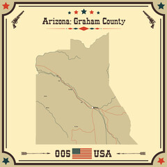 Large and accurate map of Graham County, Arizona, USA with vintage colors.