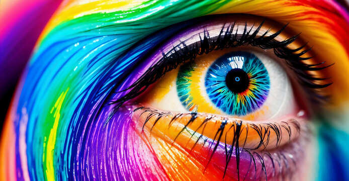 On the picture, we can see a close-up of a woman's eye with a colorful makeup. The eye is large, and the details of the iris and eyelashes are clearly visible..Generative AI