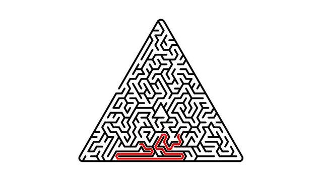 Animated red line moves through triangular maze. Making right decision hard time. Success in business. Puzzles and games for development of intelligence. Looped video