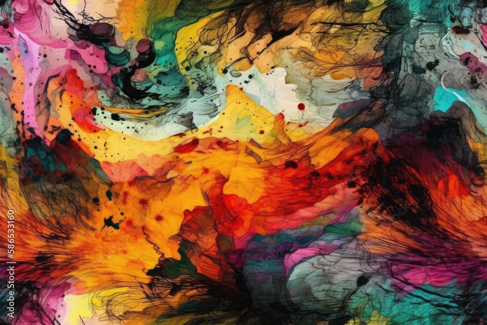 Poster vibrant and multicolored painting with abstract shapes and patterns. generative ai