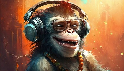 Joyful Moment with a Fictional Dreamy Monkey Lost in Music Generated by AI