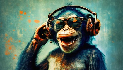 Joyful Moment with a Fictional Dreamy Monkey Lost in Music Generated by AI