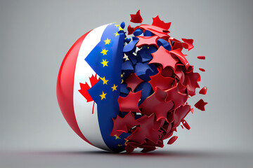 Canada flag and european union political balls smash into each other 3d rendering. Generative Ai