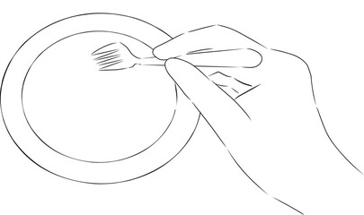 Hand with fork and plate, vector. Hand drawn sketch. A hand holds a fork over a plate, dinner.