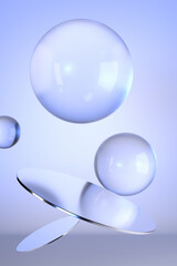 light blue glass ball silver platform product display stand, luxury cosmetics showcase advertising concept, 3d rendering illustration