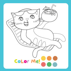 Colouring page with summer theme. A cute and kawaii orange cat enjoying the summer on the beach while drinking coconut water. Coloring activity. Vector file.