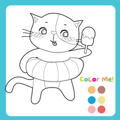 Colour me: Colouring page with summer theme. A cute and kawaii cat eating ice cream during the summer and using a colourful floaties. Coloring activity. Vector file.