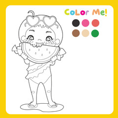 Colouring page with summer theme. Cute little girl wearing summer swimsuit and sunglasses while eating watermelon. Coloring activity. Vector file.