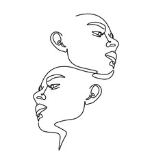 stylized pair portrait of two boys in a minimalist style, the silhouette of male faces drawn in one continuous line, lovers of a gay, couple of friends