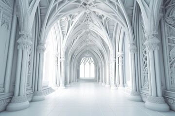 Fototapeta na wymiar spacious white room with elegant columns and arches. Generative AI