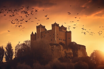 Obraz premium Surreal castle in sunset, cconcept Art, Generative AI