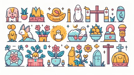 Immerse in a vivid 8K Easter illustration, showcasing bunnies, eggs, and festive elements. With flat colors, simplified shapes, and bold outlines. 