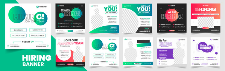 We are hiring job vacancy social media post banner design set template with. We are hiring job vacancy square web banner design bundle. Hiring banner set. Hiring Banner bundle.