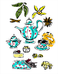   Vector set of tea collection elements in graphic style, isolated on white background.Set for menu decorations, websites,baners