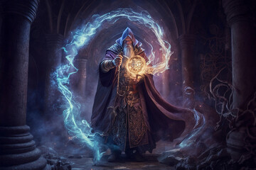 In a fantastical realm of dragons and knights, a powerful wizard stands in the midst of mystical ritual.wizard's robes and swirling magic around him. high fantasy, rich colors and ornate designs. Ai