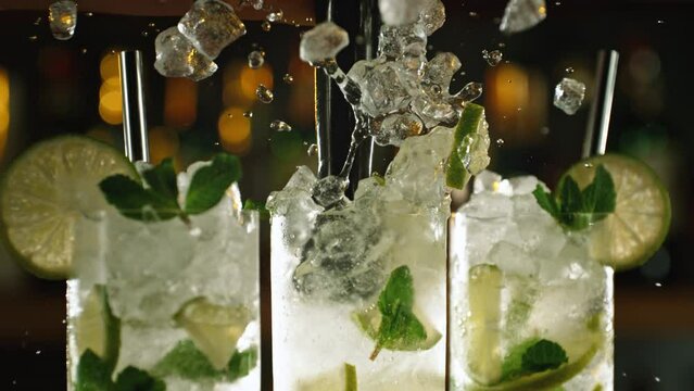 Super Slow Motion Shot of Prepairing Fresh Mojito Drink on Bar With Camera Motion at 1000fps