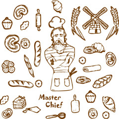  Vintage Bakery vector hand drawn doodle icons set with cook figurine bakery shop and baked goods. Doodle sketch style.Baker master chief ,business owner in cartoon style