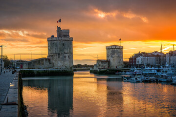 beautiful panoramic view of the old harbor of La Rochelle at sunset