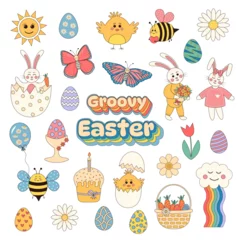 Poster Groovy hippie Easter set.  Easter eggs, bunnies,  butterflies, bees, chickens, daisies. Set of cartoon characters and elements in trendy retro 60s 70s cartoon style. © Julia G art